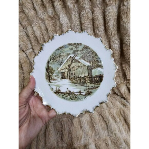 4-CURRIER & IVES THE HOMESTEAD IN WINTER Hanging Collector Plates Set GOLD Gild - Picture 3 of 8